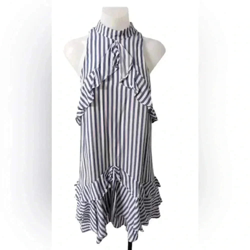 Nicole Miller Sailor Stripe Ruffle Dress White Navy Stripe Sleeveless Size Large
